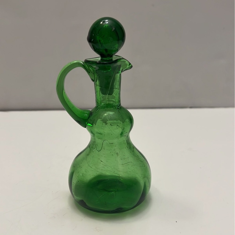 Antique Etched Emerald Green Glass Cruet